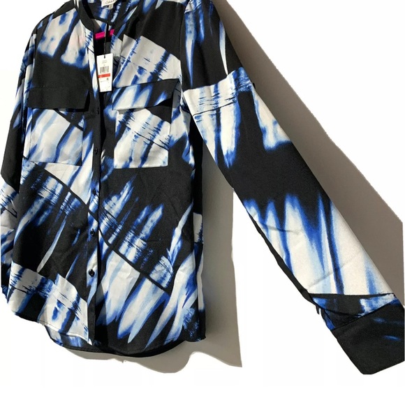 Calvin Klein Button Front Printed Blouse Roll Tab Sleeve Epaulettes Size XS - Picture 2 of 11